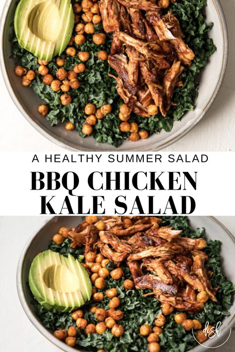 Chopped kale salad with BBQ chicken, crispy chickpeas, avocado and ranch dressing. This semi homemade recipe uses your favorite BBQ sauce and Rach Dressing. Learn how to make your own crispy chickpeas with this recipe and how to combine these delicious ingredients for one of the best salads out there for summer time. #BBQChickenSalad #SummerSalad #LifeisbutaDish Crispy Chicken Kale Salad, Grilled Chicken Kale Salad, Salad With Bbq, Chicken Kale Salad, Chopped Kale Salad, Kale Chicken Salad, Fresh Vegetable Recipes, Best Salads, Shredded Bbq Chicken