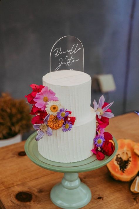 Flower Tiered Cake, Mini Tiered Wedding Cake, Wedding Cake Fresh Flowers Simple, Wedding Cake Flower Toppers, Wedding Cakes Tropical, Small Colorful Wedding Cake, Bright Flower Wedding Cake, Bold Wedding Cake, Simple Colorful Wedding Cake