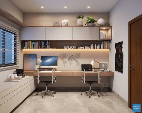 Home Study Interior Design, Home Office Table Ideas, Small Home Office Design For Two, Workstation Design For Home, Interior Design Study Room, Small Home Office For Two, Small Home Office Design, Two Desks, Small Home Office Furniture