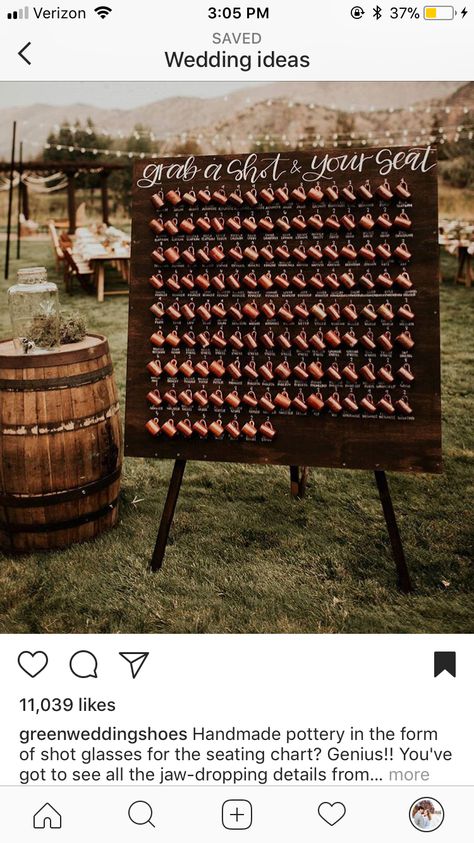 "Grab a shot and your seat" in place of the polaroids Wedding Theme Enchanted Forest, Woods Wedding Ideas, Reception Drinks, Wedding Signs Table, Low Key Wedding, Seating Chart Ideas, Reception Drink, Woods Wedding, Chart Ideas