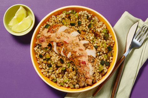 Chicken Thyme with Zucchini Couscous Zucchini Couscous, Chicken Thyme, Chicken Lunch Recipes, Couscous Recipe, Milk Nutrition, Thyme Chicken, Weekly Meal Plans, Chicken Lunch, Green Chef