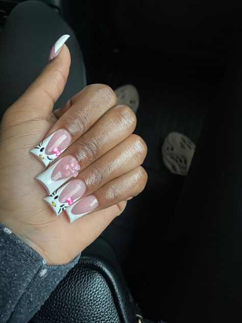 Mid Length Nails Acrylic, Hello Kitty Duck Nails, Nails Hello Kitty, Duck Nails, Hard Nails, Colored Acrylic Nails, Girly Acrylic Nails, French Tip Acrylic Nails, Hello Kitty Nails