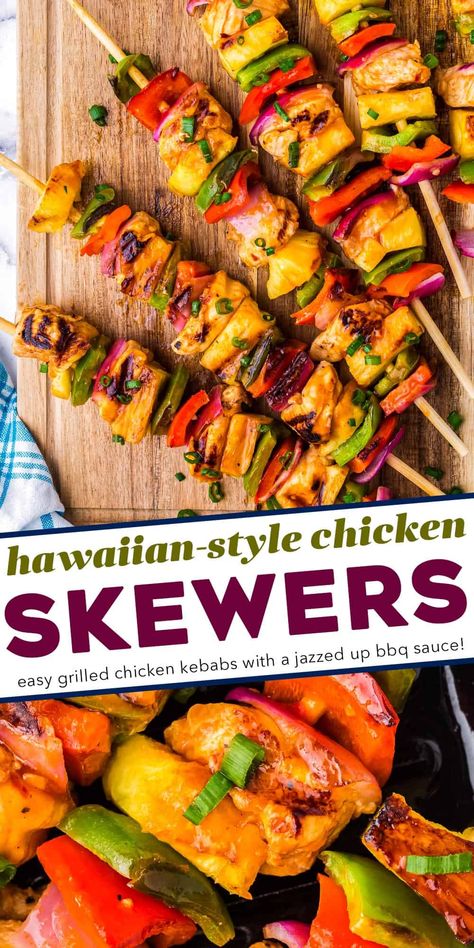 Chicken is marinated in a semi-homemade Hawaiian-style bbq sauce, then threaded onto skewers with peppers, pineapple, and onions, then grilled to perfection! Perfect for a summer dinner, and I've included oven directions as well. Grilled Hawaiian Chicken Kabobs, Chicken Peppers Pineapple, Hawaiian Chicken Kabobs On The Grill, Grilled Chicken And Pineapple Recipes, Light Summer Dinner Recipes, Chicken Pineapple Kabobs, Hawaii Recipe, Bbq Pineapple Chicken, Cookout Foods