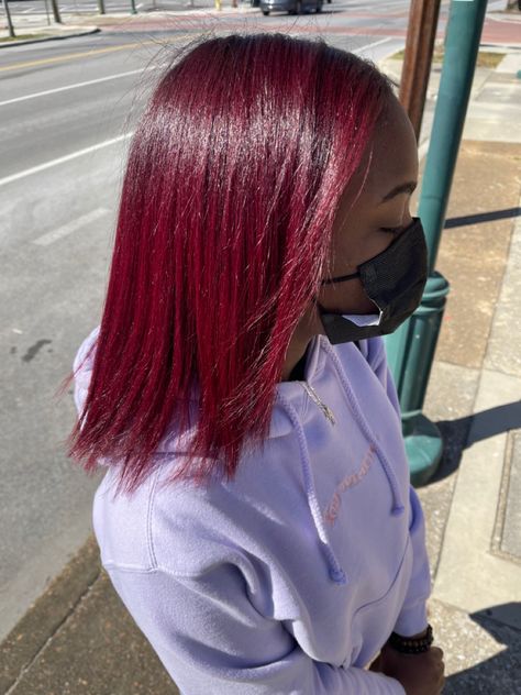 Burgundy Silk Press Natural Hair, Silk Press Natural Hair Fall Colors, Red Silk Press Natural Hair, Red Silk Press, Red Natural Hair Black Women Silk Press, Red Skunk Stripe 4c Hair, Red And Violet, Cherry Cola Hair, Hair Stripes