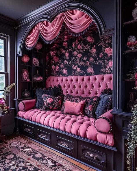 Pink And Black Bedroom Aesthetic, Pink Goth Bedroom, Goth Room Aesthetic, Pink Goth Room, Gothic Tiny House, Loft Living Room Design, Black Bedroom Aesthetic, Hot Pink Bedrooms, Dark Bedrooms