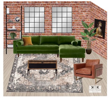 Red Brick Living Room, Olive Green Couches, Mint Bedroom, Green Bedroom Walls, Brick Living Room, Front Kitchen, Green Lounge, Red Brick Wall, Modern Rustic Living Room