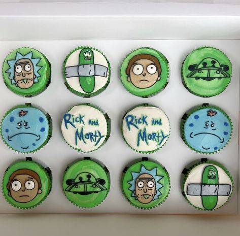 Rick And Morty Strawberries, Rick And Morty Cookies, Rick And Morty Cupcakes, Rick And Morty Birthday Party Ideas, Rick And Morty Party, Rick And Morty Cake, Rick And Morty Birthday, Simpsons Cake, Birthday Desert