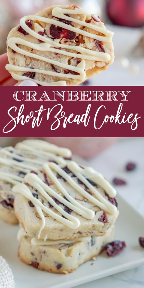 Cranberry Shortbread Cookies! Easy Cranberry Cookie Recipe with White Chocolate Drizzle! Easy Refrigerator Short Bread Cookies for Christmas or any occasion! #lemonpeony #cranberry #shortbread #whitechocolate #sliceandbake White Chocolate Cranberry Shortbread, Cranberry Almond Shortbread Cookies, Short Bread Cookies Easy, Cranberry Cookie Recipe, Cranberry Desserts, Easy Christmas Recipes, Cranberry Cookie, Cranberry Shortbread Cookies, Cranberry Shortbread