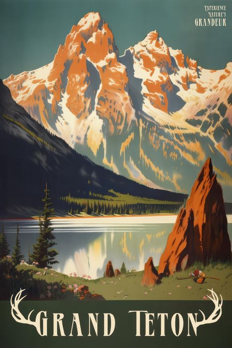 This Grand Teton National Park poster showcases a vintage travel design that captures the grandeur and magnificence of one of America's most iconic national parks. In a vintage art style, this wall piece captures the majesty of the alpine landscape and the awe-inspiring Teton Range. Experience Wyoming's splendor with this Grand Teton Art Print, elevating your decor with a tribute to this majestic mountain sanctuary. Vintage Western Aesthetic, Vintage National Park Posters, Composition Study, Vintage Art Style, Gear Closet, Alpine Landscape, Bison Skull, Map Wall Mural, Wyoming Travel