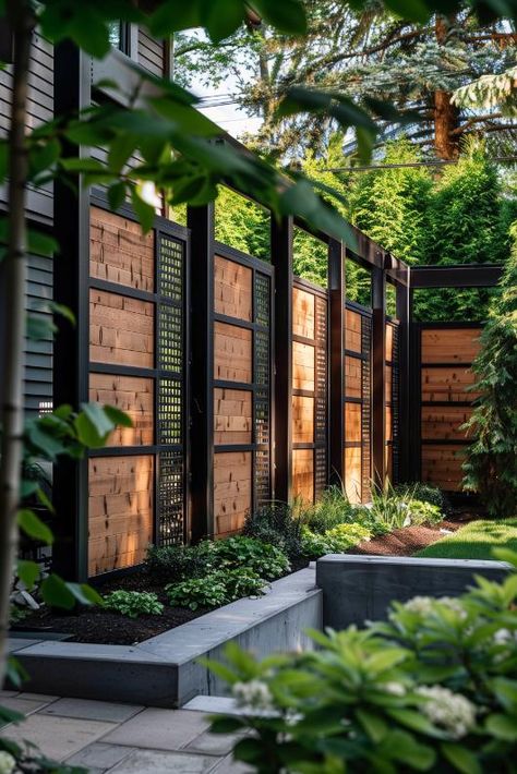 40 Privacy Fence Ideas: Stylish Solutions for a Backyard Retreat Architectural Fence Design, Gate Privacy Ideas, French Barndominium, Privacy Fences Ideas, Yard Wall Design, Screening Ideas Outdoor, Fence Screening Ideas, Privacy Landscaping Ideas, Patio Privacy Ideas