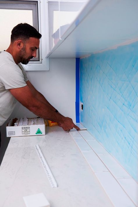 How to tile a laundry splashback | Better Homes and Gardens Tile Splashback Kitchen, Laundry Splashback, Tiled Splashback, How To Tile, Kitchen Splashback Tiles, Paint Trays, Grey Benches, Tile Splashback, Tile Spacers