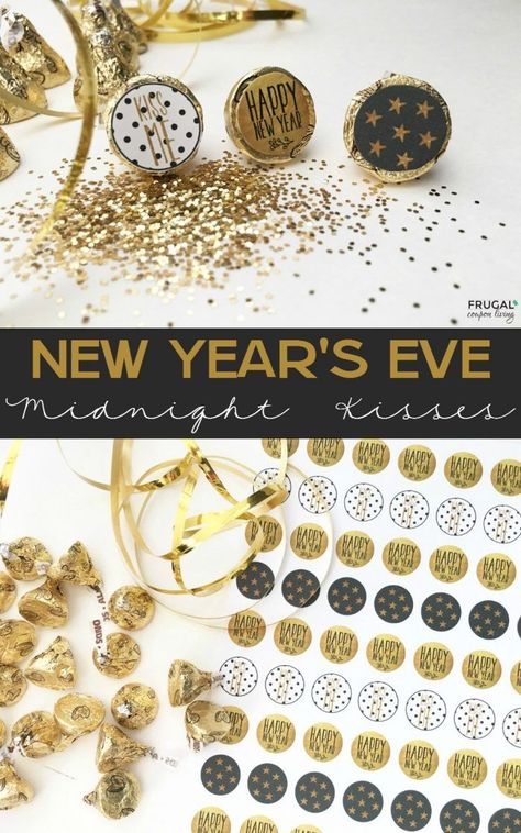 New Year’s Eve Midnight Kisses Printable on Frugal Coupon Living.  This free printable is perfect for stickers on the bottom of Hershey Kisses. Photo Booth Printables, New Years Eve Traditions, New Year's Eve Activities, New Year's Kiss, Printables Ideas, Midnight Kisses, New Years Traditions, New Year's Eve Recipes, New Year's Eve Celebrations