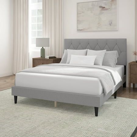 Mainstays Hillside Diamond Tufted Upholstered Queen Platform Bed, Gray Gray Tufted Bed, Button Tufted Headboard, Tufted Bed, Queen Platform Bed, Tufted Headboard, Queen Mattress, Grey Bedding, Word Games, Queen Bed