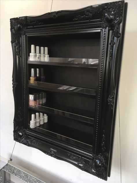 Gothic Bookcase Decor, Goth Beauty Room, Gothic Cubicle Decor, Gothic Salon Decor Interior Design, Goth Beauty Salon, Goth Art Studio, Goth Makeup Room, Gothic Makeup Room, Glam Goth Bedroom