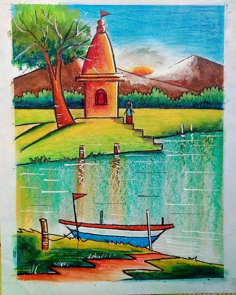 Senary Drawing, Scenery Drawing For Kids, Easy Scenery, Easy Scenery Drawing, Oil Pastel Landscape, Drawings For Kids, Hand Art Kids, Oil Pastel Drawings Easy, Drawing Scenery