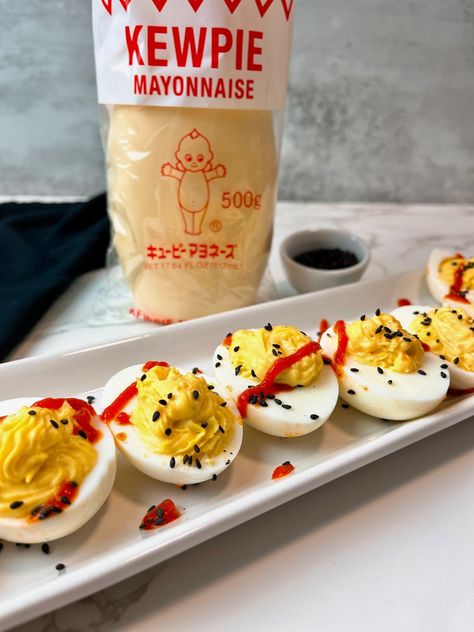 Kewpie Deviled Eggs Kewpie Mayo Recipe Ideas, Kewpie Mayo, Kewpie Mayonnaise, Summer Foods, Food Appetizers, Celebrity Chef, Thanksgiving Food, Meal Kit, Party Food Appetizers