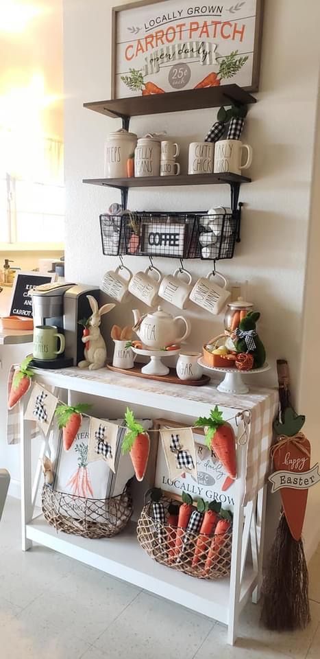 Easter Coffee Bar Decor, Easter Coffee Bar, Chocolate Station, Easter Kitchen, Easter Coffee, Spring Styling, Easter Display, Coffee Stations, Coffee Bar Decor