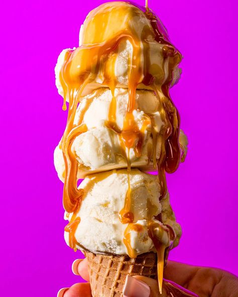 Triple Ice Cream Scoop with Triple the Caramel 🍦🍦🍦 Deliciously styled by @edibleaccomplished and shot in the studio. #foodphotography #foodphotographer #icecream #instaphoto #icecreamphotography #caramel #icecreamcone #carameldrizzle #photography #photographer #foodstyling #photooftheday Texas Pete, Ice Cream Photography, Halo Top, Caramel Ice Cream, Wrapped Lights, Food Photographer, Ice Cream Sandwich, Production Company, Flat Color