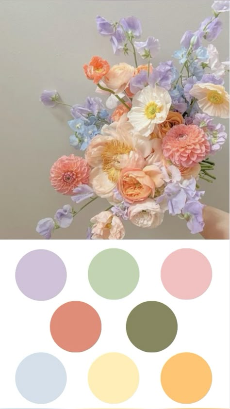 Vow Renewal Color Schemes Summer, Wedding Bouquets Pastel Color Schemes, Flower Color Schemes Garden, Pastel Color Flower Bouquet, Pink Lavender Color Palette, Spring Wedding Colors Pastel, Muted Pastels Color Palette, Easter Color Scheme, Summer Wedding Colors Pastel