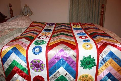 Show ribbon quilt Rosette Craft, Ribbon Quilts, Horse Ribbon Display, Horse Quilts, Show Ribbon Display, Awards Display, Pixel Quilt, Sash Ideas, Horse Show Ribbons