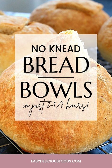 How To Make Bread Bowls Easy, Dutch Oven Bread Bowls, No Knead Bread Bowl Recipe, No Knead Bread Bowls, Gluten Free Soup Bread Bowls, Bread Bowl Bread Machine, Soup Bowl Bread Recipe, Italian Bread Bowl Recipe, Sourdough Bread Bowls Recipe