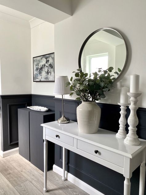 Neptune ‘Ink’ paint on hallway panelling Panelling Diy, Hallway Dark, Hallway Panelling, Living Room Panelling, Panelling Hallway, Dark Hallway, Console Table Styling, Board And Batten Wall, Interior Design Process