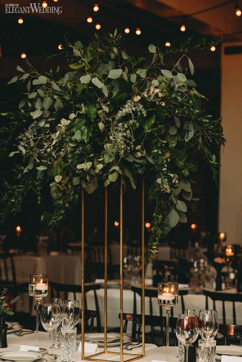 An Urban Wedding with Tall Greenery | ElegantWedding.ca Cheap Wedding Table Centerpieces, Greenery Centerpiece, Tall Wedding Centerpieces, Foliage Wedding, Unique Wedding Flowers, Wedding Floral Centerpieces, Tall Centerpieces, Urban Wedding, Flower Centerpieces Wedding