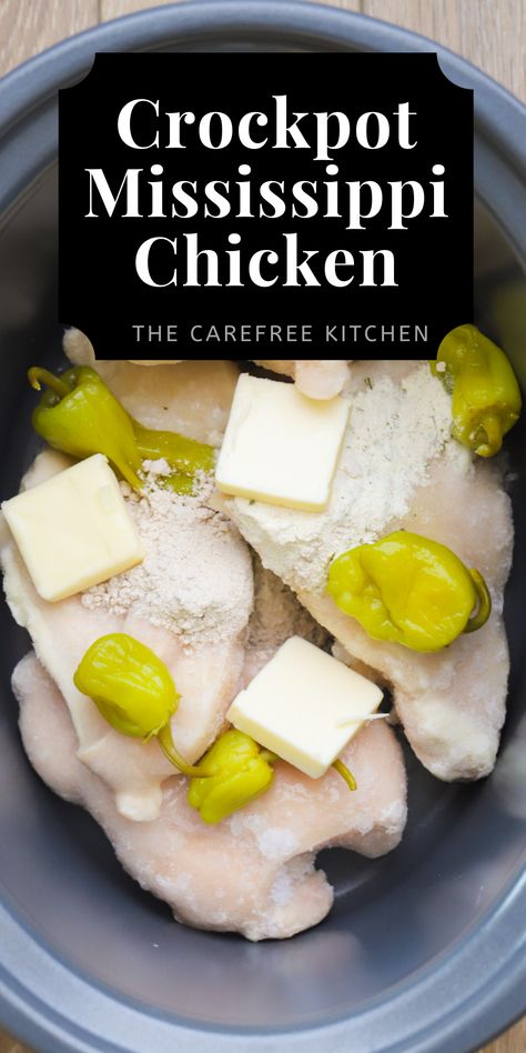 This easy crock pot Mississippi Chicken is tender, juicy and scrumptious. I'ts made by slow cooking chicken breasts with ranch seasoning, chicken gravy mix, zesty pepperoncini and butter, it's perfect for serving over mashed potatoes, noodles or on a bun. Your family dinners couldn't get any easier that with this easy chicken dinner recipe. Mission Chicken Crockpot, Chicken In A Crock Pot Recipes, Pepperocini Chicken Crockpot Crock Pot, Chicken Tender Dinner Ideas Crockpot, Crockpot Chicken Au Jus, Crop Pot Chicken Recipes, Crock Pot Chicken Dinners Easy, Mississippi Crock Pot Chicken, Zesty Ranch Chicken Crockpot