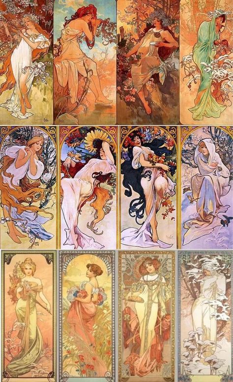 The world Art Nouveau | Decorative panels by Alphonse Mucha | Facebook Four Seasons Art, Art Nouveau Mucha, Alphonse Mucha Art, Mucha Art, Alfons Mucha, Art Nouveau Illustration, Dreamy Artwork, Art Nouveau Poster, Seasons Art