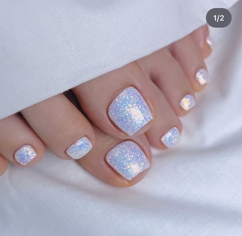 Beach Wedding Pedicure, Pedicure Ideas Summer Toenails Vacations, Something Blue Toenails Wedding, White Glitter Toes, Winter Toes Nails Colors Pedicures, January Pedicure Colors, Baby Blue Toe Nails, Light Blue Pedicure Toes, Beach Toes Pedicure