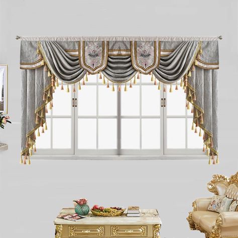 PRICES MAY VARY. Package: 1 Panel Grey Waterfall Valances for Windows , Not Include the Cloth Drapes or Sheer Curtain . Type : Default Rod Pocket Top , Suitable for Most Common Rods. Machine Washable. If You Need other Top ， Email us to Adjust the Top After Paid ，No Extra Charge Application : This Velvet Valances for Living Room is Made Of Soft Velvet Fabric , Fit for Various Blackout Curtain Drapes Kitchen Valances for Windows Customized Service is Available : If The Size You Need is Not List , Royal Curtain Designs, Valence Ideas, Curtain Swag, Luxury Drapery, Valances For Living Room, Pocket Kitchen, Waterfall Valance, Window Cornices, Window Curtains Living Room