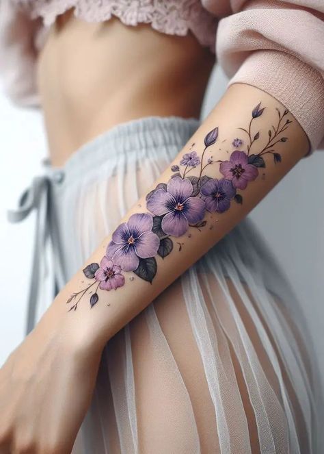 Feb Birth Flower Violet Tattoo, Beautiful Heart Tattoo, Tattoo Ideas Violet Flower, Purple Violet Flower Tattoo, Tattoos 2024 Woman, Stages Of Flower Blooming Tattoo, Purple Flower Tattoo Designs, Violet And Iris Tattoo, Tattoos Of Violets