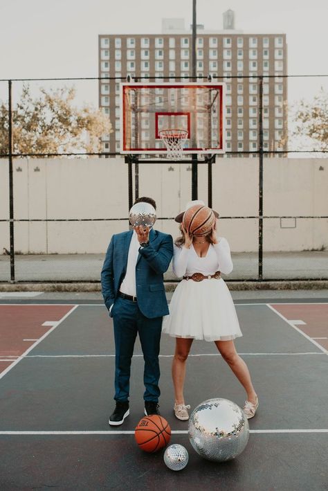 disco balls retro basketball vintage new york city Sports Engagement Photos, Basketball Couple Pictures, Basketball Engagement Photos, Basketball Wedding, New York City Engagement, Sports Couples, Romantic Couple Poses, Basketball Photos, City Engagement Photos