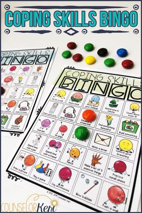 Coping Skills Game - Coping Skills BINGO: Looking for fun ways to teach kids coping skills? Your students will love these fun, hands-on coping skills games, coping skills crafts, and coping skills activities to help them deal with tough feelings. These are perfect for classroom guidance lessons, small group counseling, or individual counseling to build calming strategies. -Counselor Keri Coping Skills Bingo, Social Skills Games, Kids Coping Skills, Counseling Session, Counseling Games, Game Bingo, Coping Skills Activities, School Counseling Activities, Social Skills Lessons