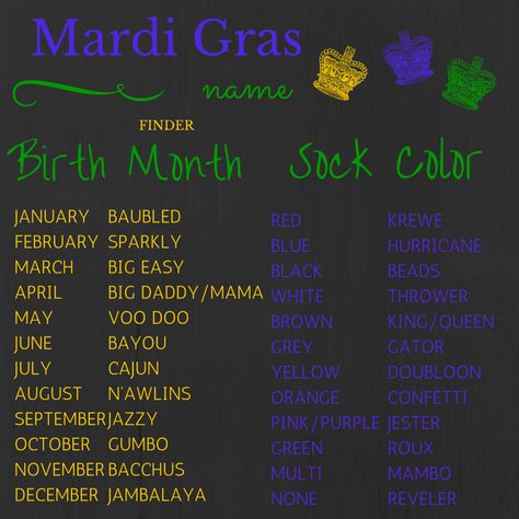 Mardi Gras Name Finder Mardi Gras Krewe Names, Mardi Gras Facts, Mardi Gras Krewe, Name Finder, Carnival Date, Orange Confetti, Pagan Holidays, Mardi Gras Party, Fat Tuesday