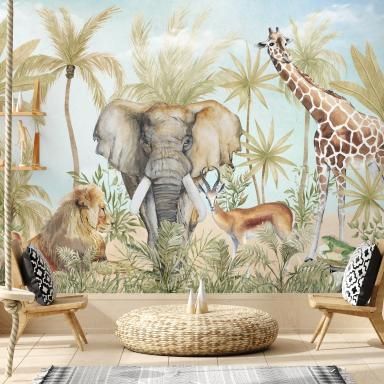 Exotic and Tropical Wallpaper - Peel and Stick Murals for Walls (Page2) • Wallmur® Boys Room Wallpaper, Animals Jungle, Safari Wallpaper, Tropical Nursery, Murals For Kids, Jungle Nursery, Animal Wall Decals, Map Wallpaper, Nature Friendly