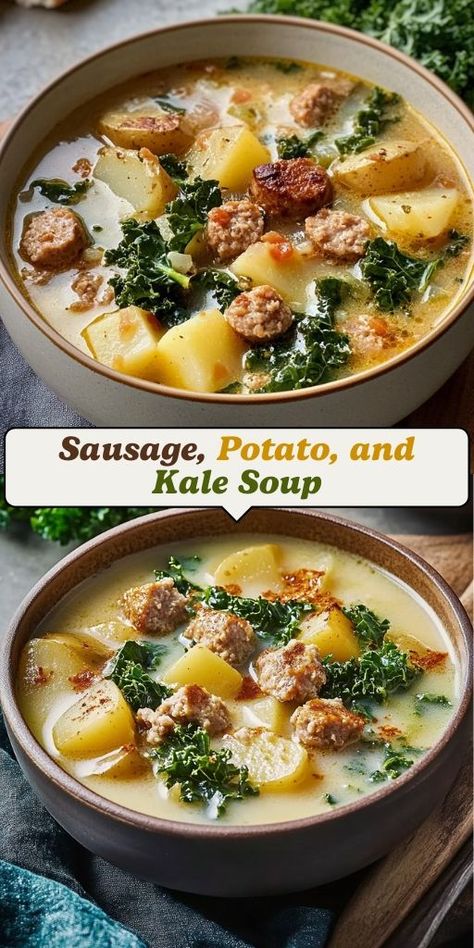 This Make-Ahead Soup is a fantastic option for busy days, and the best part? It tastes even better the next day! 🍲👌 Packed with hearty ingredients and flavorful broth, this soup is perfect for meal prep, family dinners, or a cozy lunch. Make a big batch and enjoy it all week long!  📌 Save this pin to make a comforting soup that gets even more delicious over time! #MakeAheadSoup #MealPrepIdeas #ComfortFood #EasyDinners #SoupSeason #HeartyMeals Kale Kielbasa Soup, Italian Sausage And Kale Soup Recipes, Potatoe Sausage Soup Crockpot, Sweet Potato Soup Crockpot, Sausage Kale Sweet Potato, Italian Sausage And Kale Soup, Sausage Soup Crockpot, Italian Sausage And Potato Soup, Kale Sweet Potato Soup