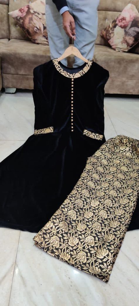 Velvet With Brocade Pants, Velvet Brocade Suit, Velvet And Banarsi Dress, Pant Kurti Designs Latest Party Wear, Velvet Kurti Designs Latest Party Wear, Brocade Pants With Kurti, Velvet Suit With Brocade Pants, Black Velvet Kurti Design, Black Velvet Suit Designs Pakistani