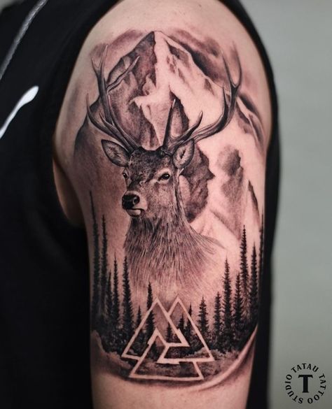 Elk Tattoos For Men, Red Deer Tattoo, Buck Tattoo Men, Algiz Tattoo, Buck Tattoo, Deer Tattoos, Tattoo Deer, Above The Knee Tattoo, Deer Head Tattoo