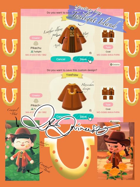 Created this one today 🍁 Feel free to use it for your charachter!  If you do llease credit the original creator (me) when sharing this design or outfit.   🌟I would love to see the looks you come up with for this!🌟  Instagram.com/pikaprincesz Animal Crossing Cowboy Outfit, Acnh Cowboy Outfit, Animal Crossing Cowboy, Apple Types, Acnh Clothes, Cowboy Design, Acnh Design, Acnh Designs, Acnh Codes