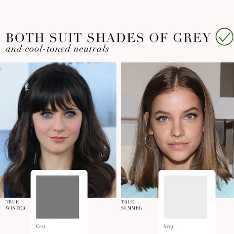 Comparison to show the differences between True Summer and True Winter - both suit shades of grey and cool-tones neutrals True Summer Vs Cool Summer, Cool Winter Vs Cool Summer, True Summer Color Palette, Season Analysis, Cool Summer Palette, Colour Season, Summer Palette, True Spring, Colour Analysis