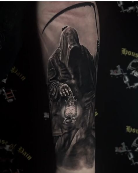 Grim Reaper Upper Arm Tattoo, Grim Reaper Tattoo Chest, Skeleton Leg Sleeve, Grimm Reaper Tattoo, Honey Badger Tattoo, Badger Tattoo, Wrist Tatoo, Graveyard Tattoo, Reaper Art