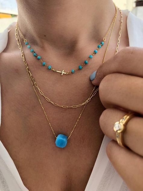 Turquoise Bead Necklace Turquoise Jewelry Turquoise Pendant | Etsy Turquoise Jewelry Necklace Gold, Simple Turquoise Necklace, Blue Turquoise Jewelry, Gold Turquoise Necklace, Turquoise Necklace Stack, Colored Stones Jewelry, Unique Turquoise Jewelry, Turquoise Stone Necklace, How To Wear Turquoise Jewelry