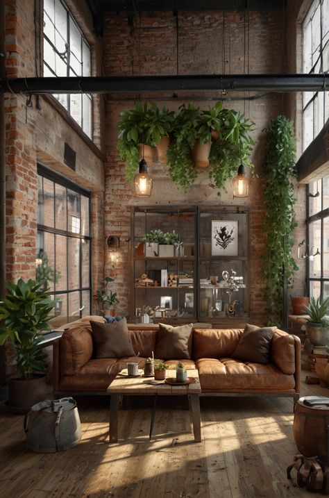 Urban Natural Interior, Cozy Industrial Apartment, Industrial Biophilic Design, Mill Apartment Decor, Warehouse Workspace, Mill Apartment, Urban Industrial Living Room, Earthy Industrial, Urban Loft Apartment