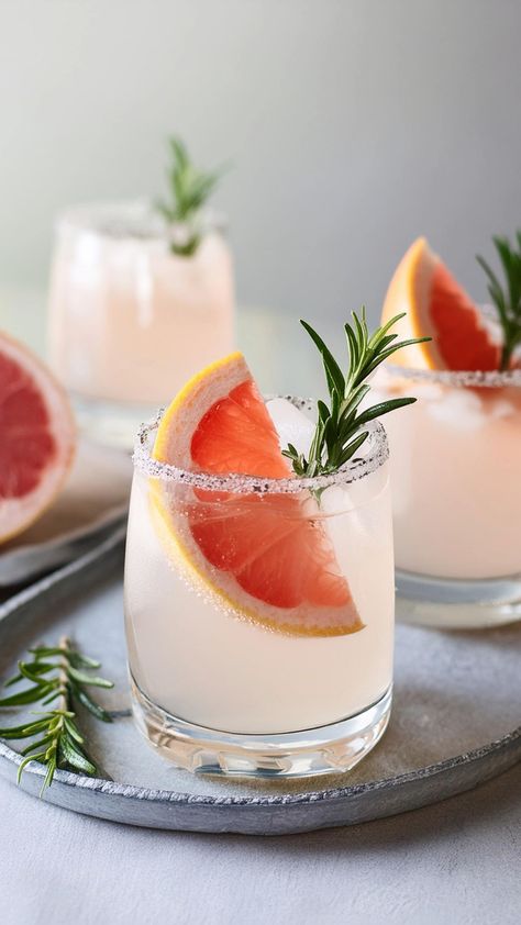 Updating your Paloma cocktail: This version features the bright and tangy flavors of fresh grapefruit juice, complemented by the aromatic and slightly savory notes of rosemary syrup, balanced with tequila and topped with soda water. Garnished with a grapefruit wheel and a sprig of rosemary, this drink is both elegant and refreshing. Grapefruit Rosemary Mocktail, Rosemary Paloma, Tequila Paloma, Spicy Paloma, Paloma Drink, Fresh Cocktails, 2024 Photoshoot, Grapefruit Recipes, Paloma Recipe