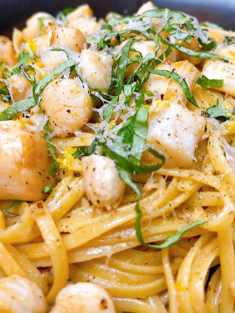 Bay Scallop Pasta with White Wine Sauce hero 2 Scallops And Pasta Red Sauce, Scallop Spaghetti In White Wine Sauce, Bay Scallop Pasta, Corn Scallop, Scallops With Pasta, Scallops And Pasta, Scallops Pasta, Scallop Linguine, Bay Scallop Recipes