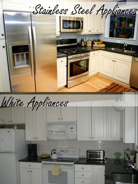 Stainless Appliances Kitchen, White Kitchen Appliances, White Appliances, Stainless Steal, Kitchen Color, Stainless Appliances, Kitchen Reno, White Kitchen Cabinets, Stainless Steel Appliances