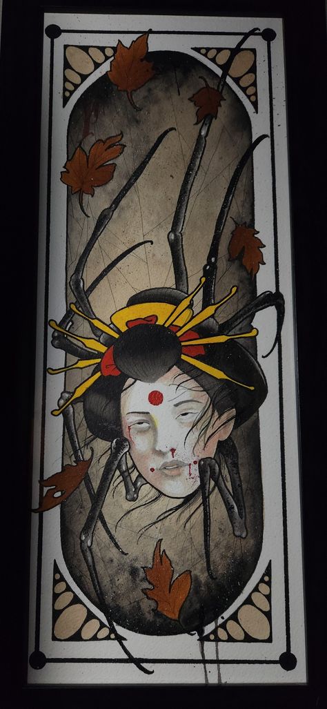 @fridaytattooer Japanese watercolor geisha spider tattoo art Japanese Tattoos Geisha, Traditional Japanese Geisha Art, Jorogumo Art, Spider Woman Tattoo, Spider Lady Tattoo, Yokai Woman, Japanese Spider Tattoo, Jorogumo Tattoo, Traditional Japanese Samurai