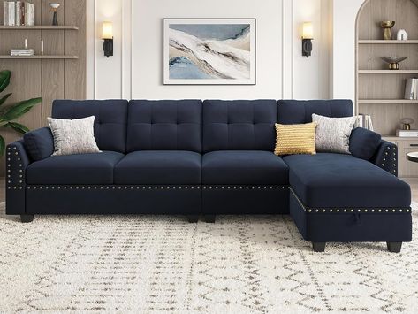 HONBAY Velvet Sectional Sofa L Shaped Couch Reversible Sectional Couch Sofa for Small Space,Dark Blue home decor, home inspo, royal blue, manifestation, dream home, dream decor, gold and blue, blue aesthetics Sectional For Living Room, Velvet Sectional Sofa, Comfortable Sectional Sofa, Sofa Retro, Blue Sectional, U Shaped Couch, Convertible Couch, Comfortable Sectional, Sofa L