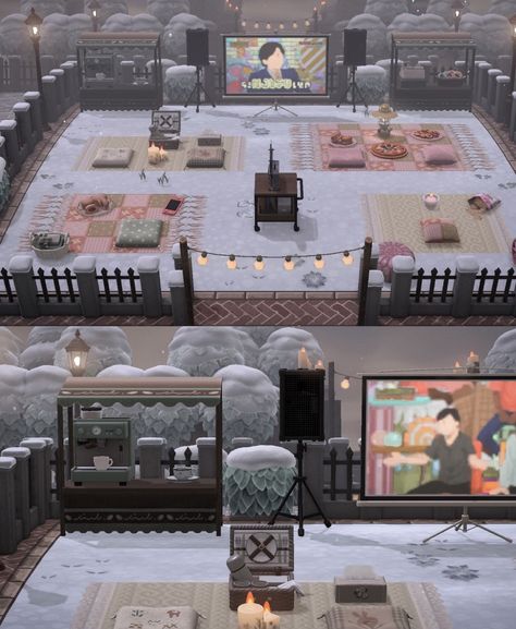 Outdoor Theater Ideas, Animal Crossing Movie, Hot Chocolate Stand, Outside Movie, Cinema Idea, Theatre Ideas, Outdoor Movie Theater, Cinema Design, Animal Crossing Guide